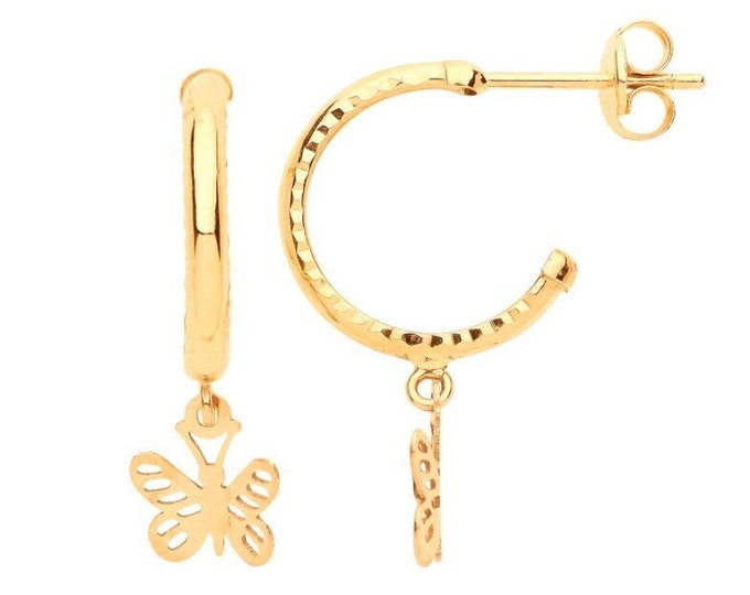 9ct Yellow Gold 12mm Hoop Earrings With Butterfly Drop Charms- Real 9K Gold