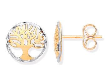 9ct Two Colour Gold Cut Out Tree of Life 10mm Round Stud Earrings - Real 9K Gold