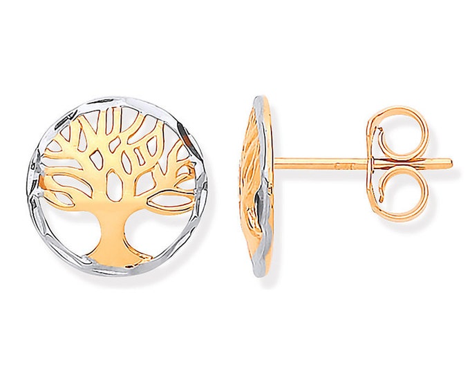 9ct Two Colour Gold Cut Out Tree of Life 10mm Round Stud Earrings - Real 9K Gold