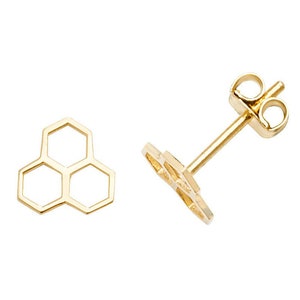 Small 9ct Yellow Gold 6x6mm Cut Out Honeycomb Design Stud Earrings - Real 9K Gold