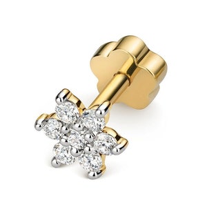 9ct Yellow Gold 0.10ct Diamond Flower Cluster Cartilage 6mm Bar Single Stud Screw Back Earring - Real 9K Gold