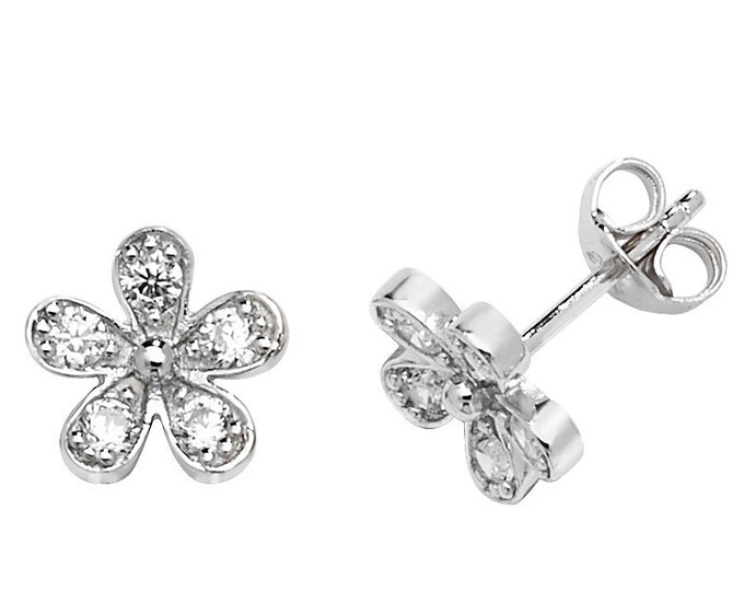 925 Sterling Silver Cz Set 8mm Pretty Flower Stud Earrings