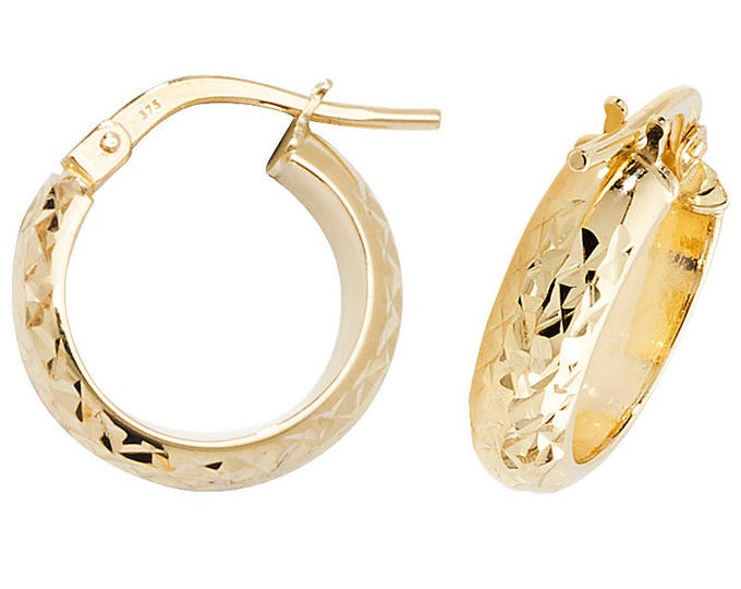 9ct Yellow Gold D Shape Engraved Hoop Earrings 8mm 10mm 15mm 20mm 25mm 30mm - Real 9K Gold