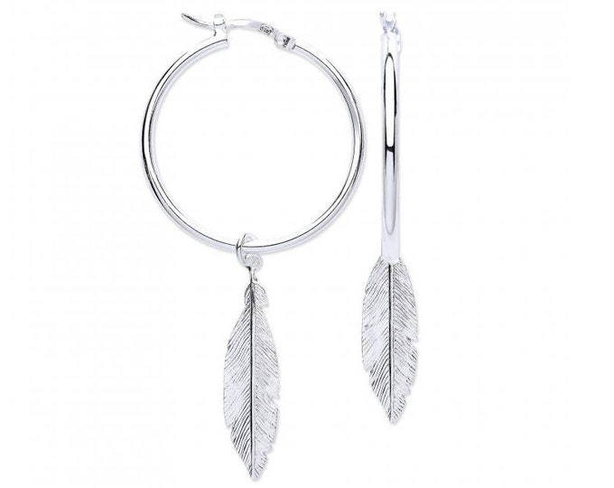 925 Sterling Silver 30mm Hoop Earrings With Suspended Feathers