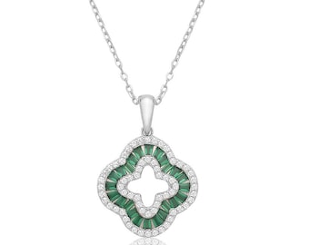 Rhodium Plated 925 Sterling Silver 16mm Emerald Green Baguette Cz Clover Leaf 18" Necklace