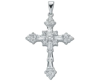 925 Sterling Silver Baguette & Round Cz Fancy Cross Pendant 3.5x2.5cm