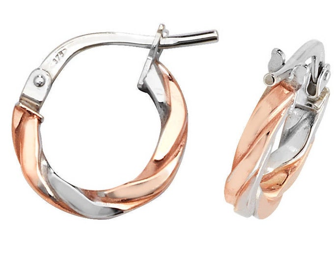 Modern 9ct Bi Colour Rose & White Gold Flat Twisted Hoop Earrings - Real 9K Gold