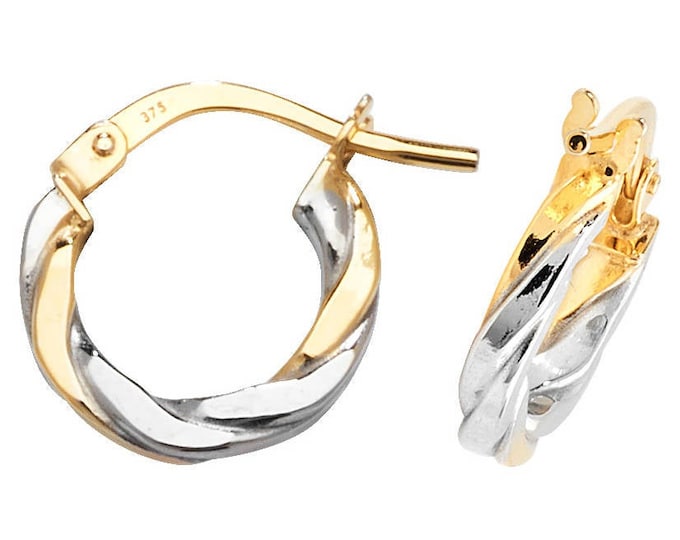 9ct 2 Colour Yellow & White Gold Flat Twisted Hoop Earrings - Real 9K Gold