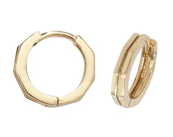 9ct Yellow Gold 8mm Plain Octagonal Centre Groove Hinged Hoop Earrings - Real 9K Gold