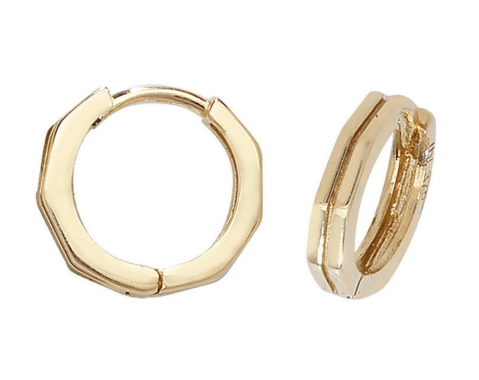 9ct Yellow Gold 8mm Plain Octagonal Centre Groove Hinged Hoop Earrings - Real 9K Gold