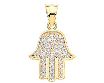 9ct Yellow Gold 2.1cm Micro Pave Set Cubic Zirconia Hamsa Charm Pendant - Real 9K Gold