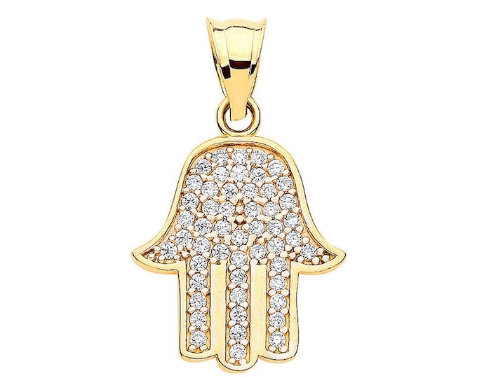 9ct Yellow Gold 2.1cm Micro Pave Set Cubic Zirconia Hamsa Charm Pendant - Real 9K Gold