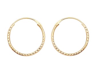 9ct Yellow Gold 10mm Diameter Diamond Cut Hinged Threader Sleeper Hoop Earrings - Real 9K Gold