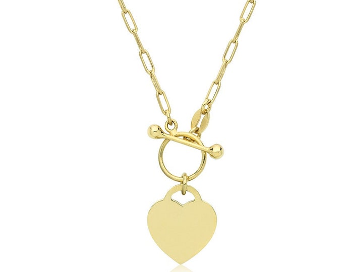 Gold Plated 925 Sterling Silver 12mm Heart Tag Charm T-Bar 17" Paperclip Chain Necklace