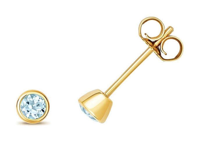 9ct Gold 3mm Bezel Rubover Set Real Aquamarine Gemstone Stud Earrings - March Birthstone