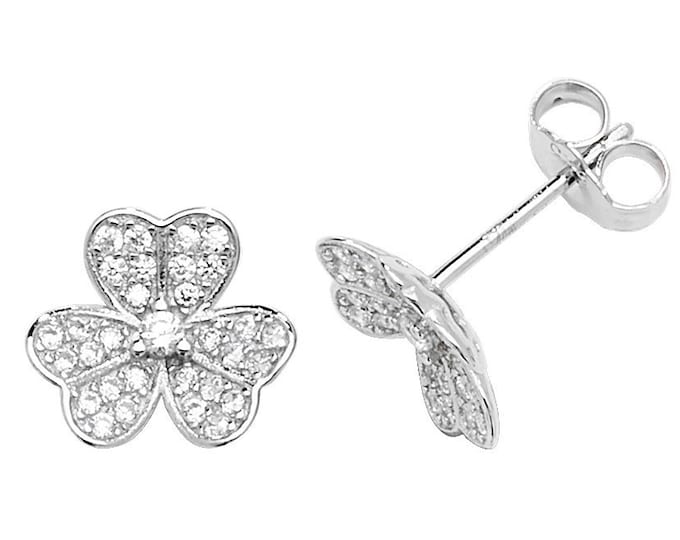 925 Sterling Silver Cz Pave Set 10mm Irish Shamrock Leaf Stud Earrings