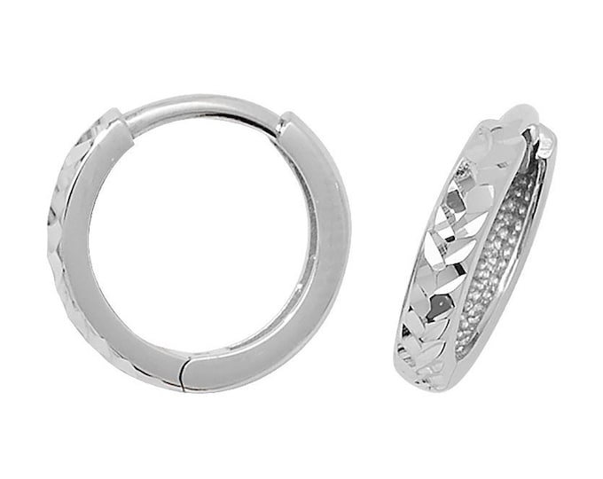 9ct White Gold 8mm Diamond Cut Hinged Hoop Earrings - Real 9K Gold