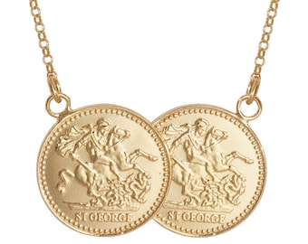 Gold on Sterling Silver St George Double Half Sovereign Coin 17" Necklace