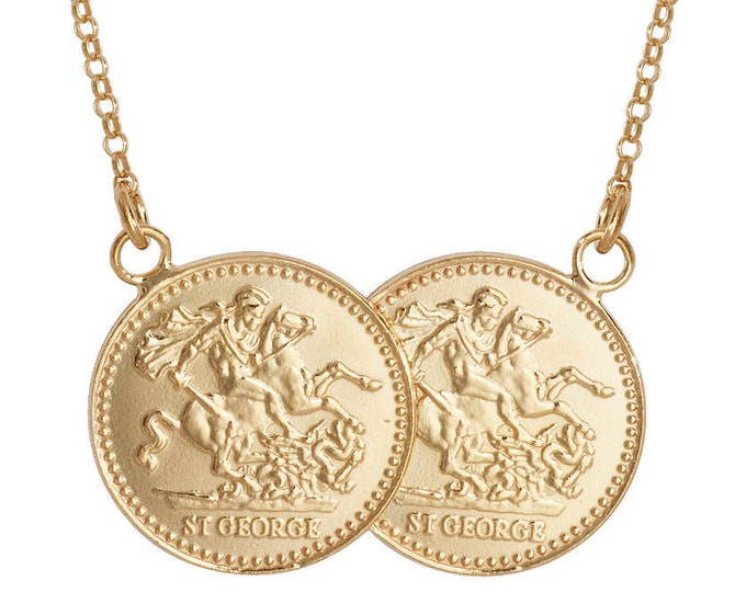 Gold on Sterling Silver St George Double Half Sovereign Coin 17" Necklace