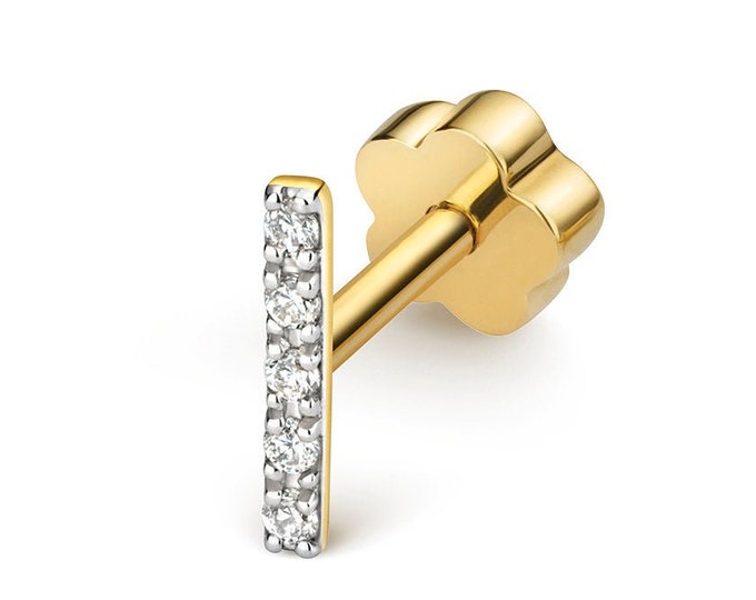 9ct Yellow Gold 0.02ct Diamond Cartilage 6mm Bar SINGLE Stud Screw Back Earring - Real 9K Gold