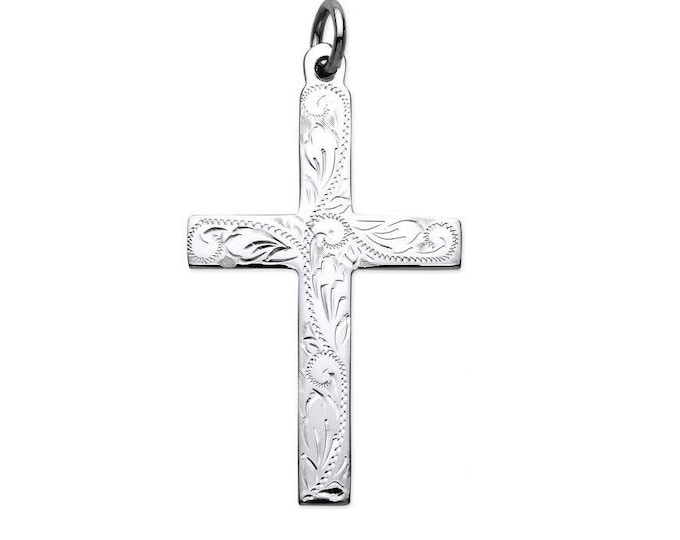 Large Solid 925 Sterling Silver Full Engraved Flat Cross Pendant 45x30mm Hallmarked