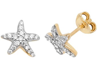 9ct Yellow Gold 8mm Pave Set Cz Starfish Stud Earrings Hallmarked - Real 9K Gold
