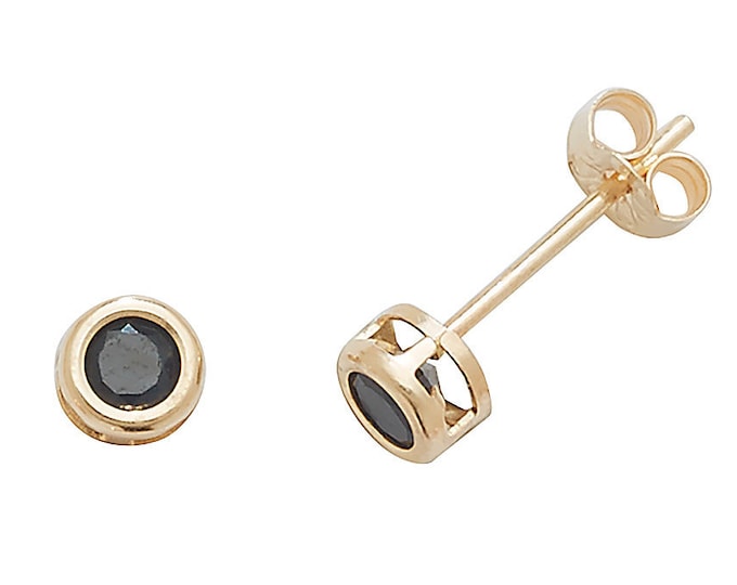 Black Sapphire Stud Earrings - 9ct Yellow Gold 3mm Real Sapphire Stud Earrings - Real 9K Gold