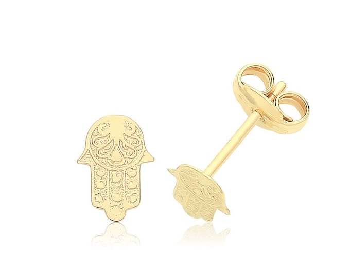 Pair of 9ct Yellow Gold 7x5mm Patterned Hamsa Hand Stud Earrings- Real 9K Gold