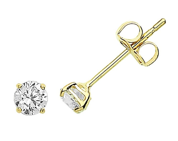 Pair 9K Yellow Gold 4 Claw Set Brilliant Round Cz Solitaire Stud Earrings 3mm 4mm 5mm 6mm 7mm 8mm- Real 9K Gold