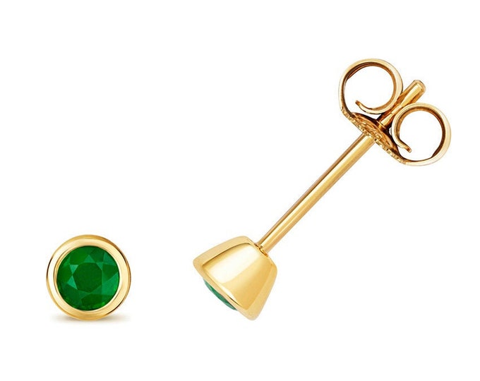 9ct Gold 3mm Bezel Rubover Set Real Emerald Gemstone Stud Earrings - May Birthstone