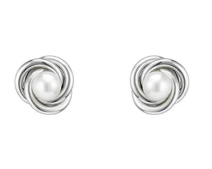 Rhodium Plated 925 Sterling Silver 10mm Freshwater Pearl Knot Stud Earrings