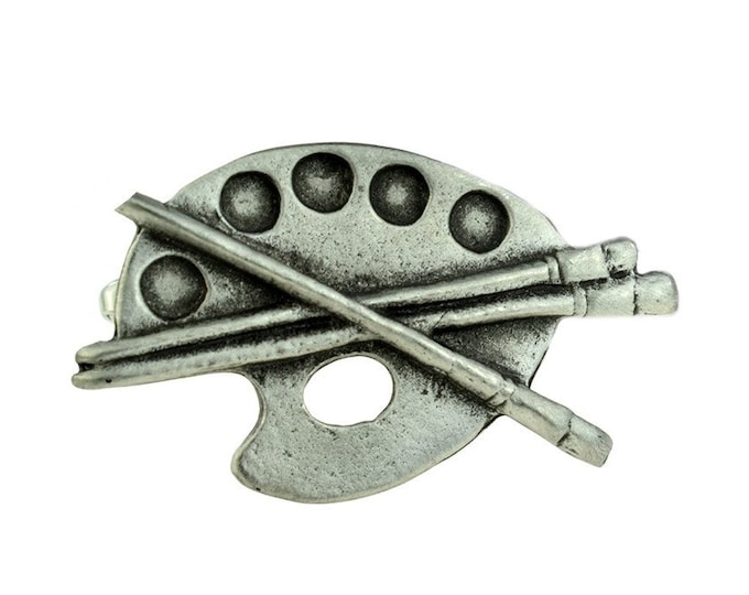 Pewter Vintage Artist Paint Palette & Brushes Lapel Pin Badge Gift Boxed