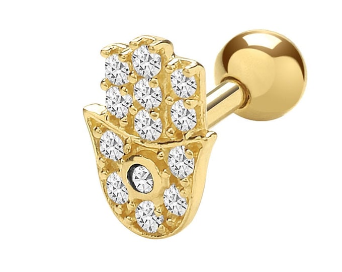 SINGLE 9ct Yellow Gold Cz Hamsa Hand Cartilage 6mm Post Screw Back Stud Earring - Solid 9K Gold