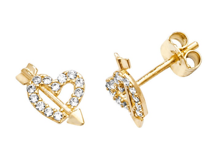 9ct Gold Cupid's Heart & Arrow Stud Earrings Pave Set With Cz Stones 6x5mm - Real 9K Gold