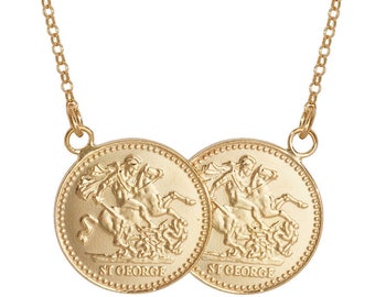 St George Double Full Sovereign Coin 17" Necklace Gold Plated 925 Sterling Silver