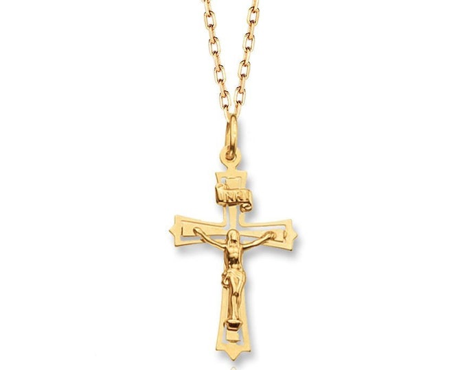 9ct Yellow Gold 3cm Cut Out Design INRI Crucifix Cross Pendant Hallmarked - Real 9K Gold