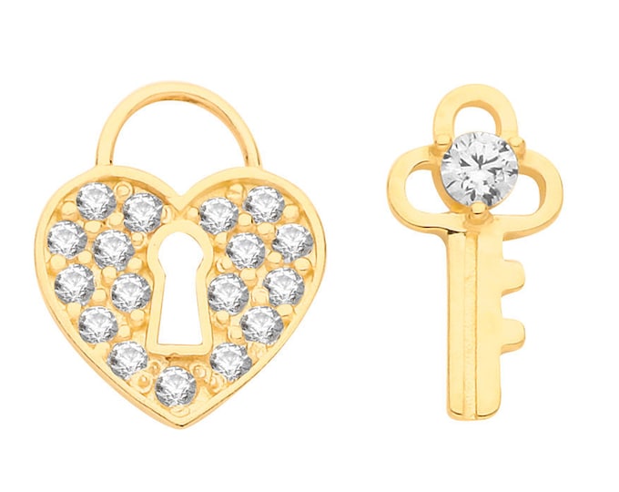 9ct Yellow Gold Pave Cz Heart Padlock and Key Stud Earrings - Real 9K Gold