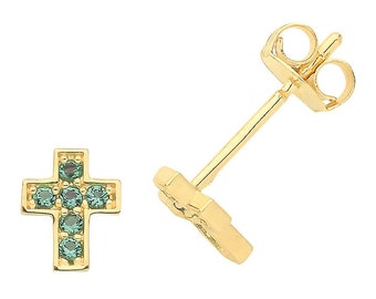 9ct Yellow Gold Emerald Green Cz Cross Stud Earrings 7x5mm- Real 9K Gold