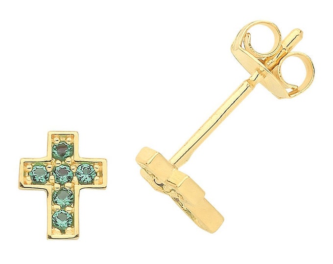 9ct Yellow Gold Emerald Green Cz Cross Stud Earrings 7x5mm- Real 9K Gold