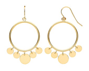 9ct Yellow Gold 2.2cm Diameter Gypsy Disc Circle Fish Hook Drop Earrings - Real 9K Gold