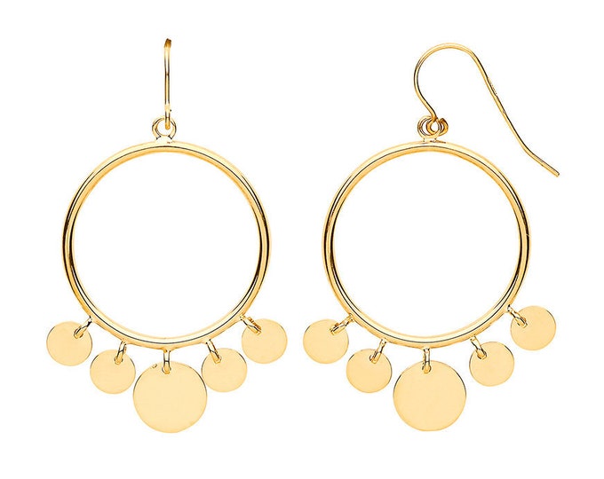 9ct Yellow Gold 2.2cm Diameter Gypsy Disc Circle Fish Hook Drop Earrings - Real 9K Gold