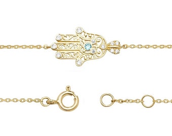 Hamsa Hand Cz Scroll Design Bracelet 9ct Yellow Gold 7" Bracelet - Real 9K Gold