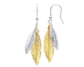 925 Sterling Silver and Gold Plated Silver Feather 4cm Drop Earrings