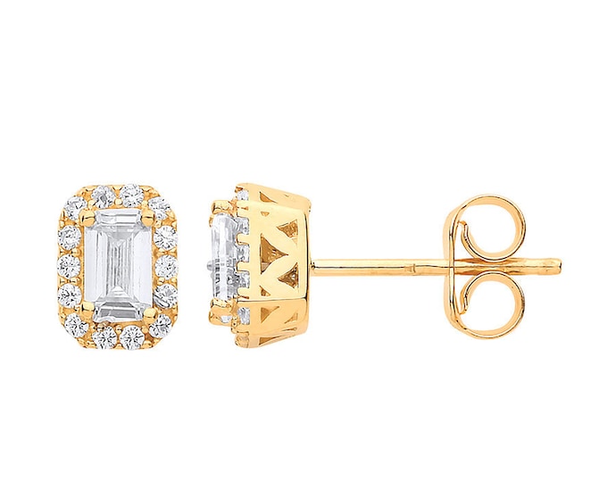 9ct Yellow Gold Cz Baguette Cut Halo Cluster Stud Earrings 7x5mm - Real 9K Gold