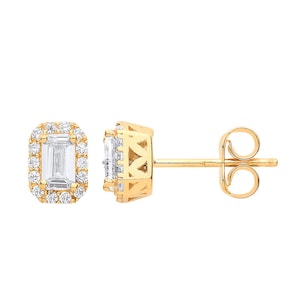 9ct Yellow Gold Cz Baguette Cut Halo Cluster Stud Earrings 7x5mm - Real 9K Gold