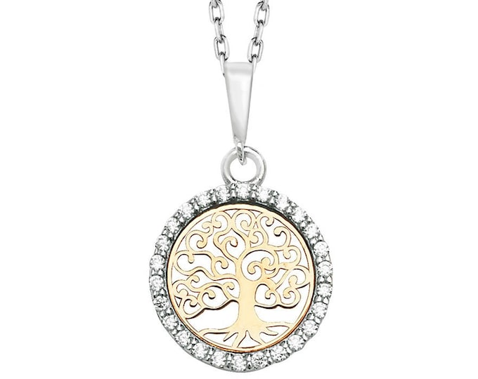 9ct Yellow & White Gold 12mm Diameter Cz Border Cut Out Tree of Life Pendant - Real 9K Gold