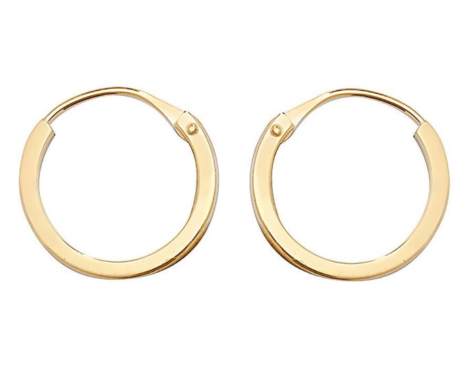 9ct Yellow Gold 10mm Diameter Hinged Threader Sleeper Flat Hoop Earrings - Real 9K Gold