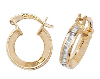 9ct Yellow Gold 8mm Princess Cut Cz Channel Set Hoop Earrings - Real 9K Gold