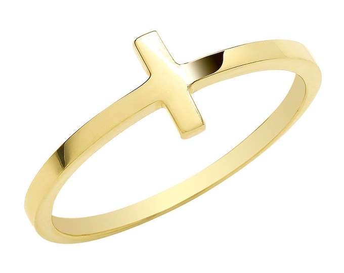 Ladies Plain Polished 9ct Yellow Gold Sideways Cross Ring 375 - Real 9K Gold