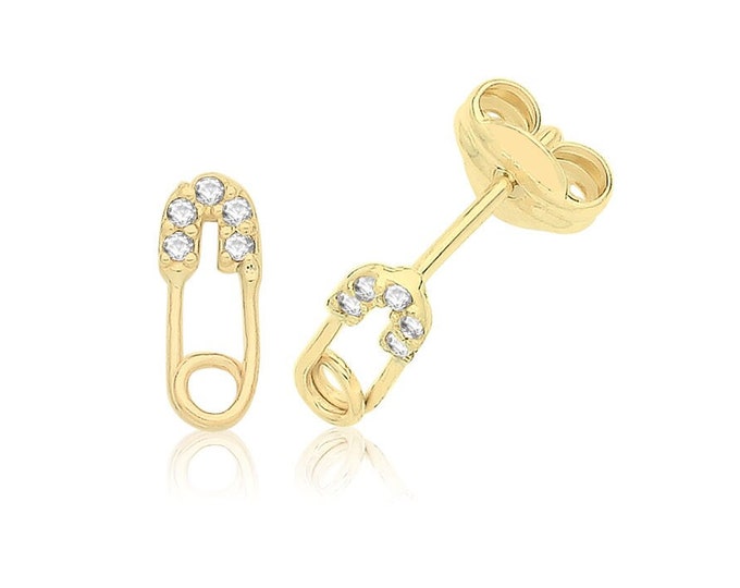 Small 9ct Yellow Gold 7mm Pave Cz Safety Pin Stud Earrings - Real 9K Gold